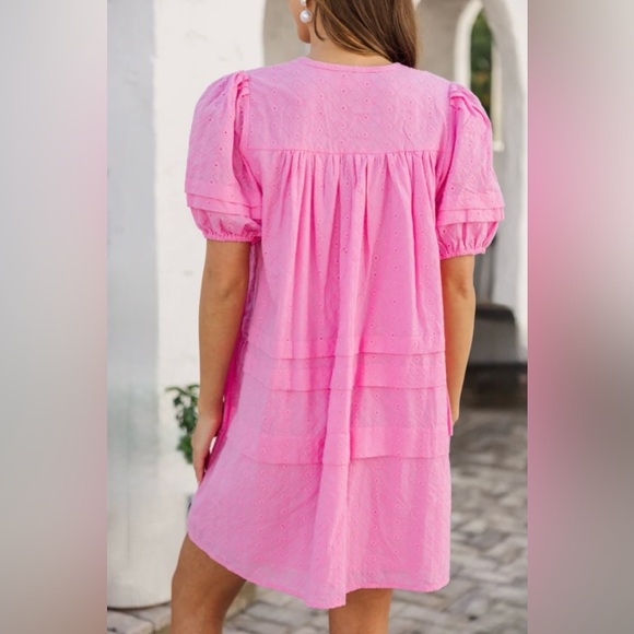 Pink Eyelet Short Dress | XL | Bubble Sleeves | Pleated | NWT - Picture 6 of 11
